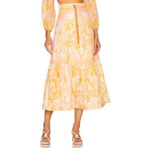 Zimmermann Lyre Shell Belt Tropical Print Linen Midi Skirt Yellow Palm